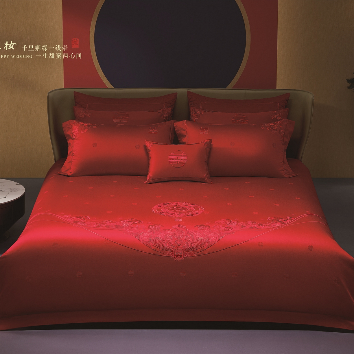 91家纺网 家纺一手货源 找家纺 美娘阁 2025新款长绒棉全棉贡缎提花款新中式古典韵味精美刺绣婚庆四件套-系列一 十里红妆