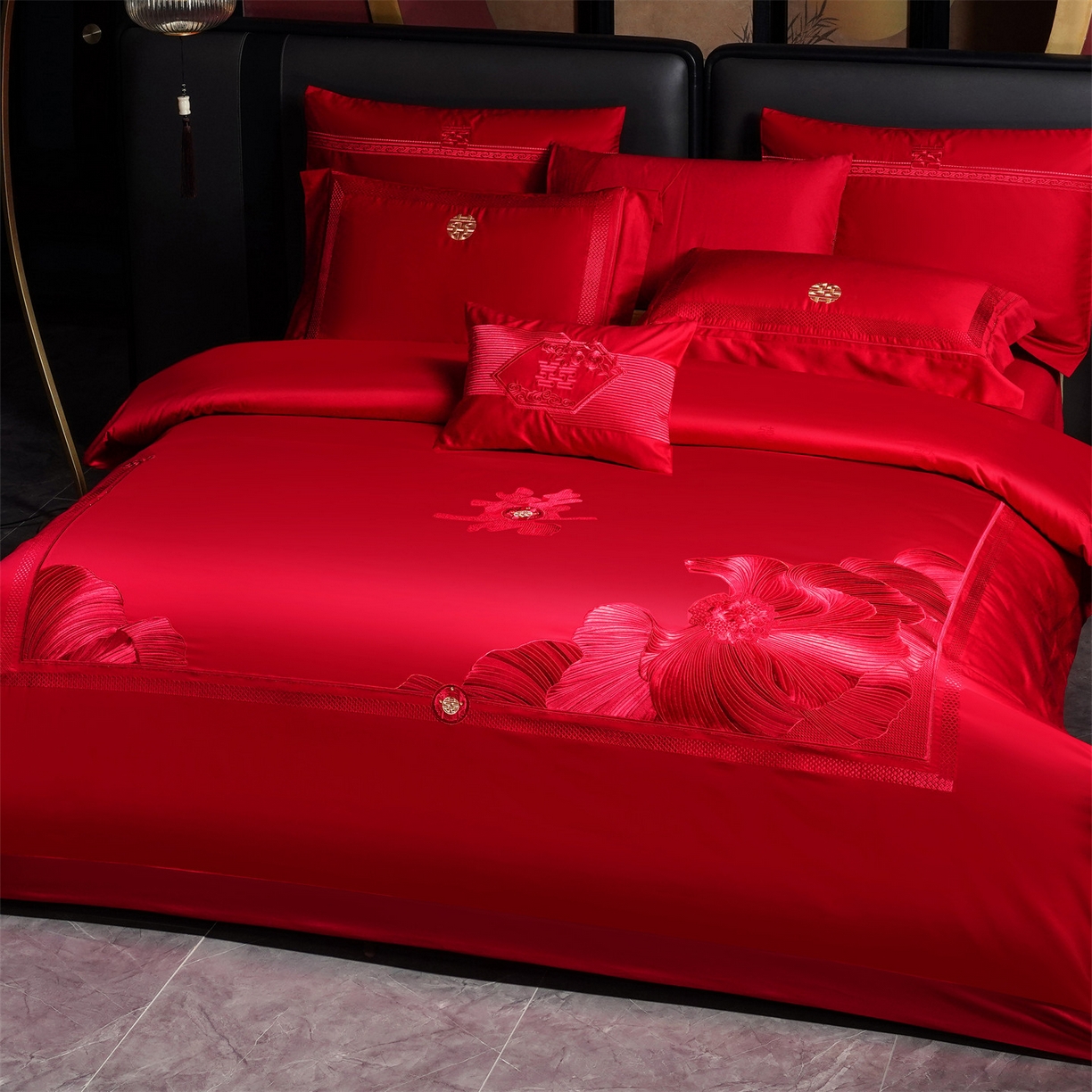 91家纺网 家纺一手货源 找家纺 美娘阁 2025新款长绒棉全棉贡缎提花款新中式古典韵味精美刺绣婚庆四件套-系列一 喜事到家