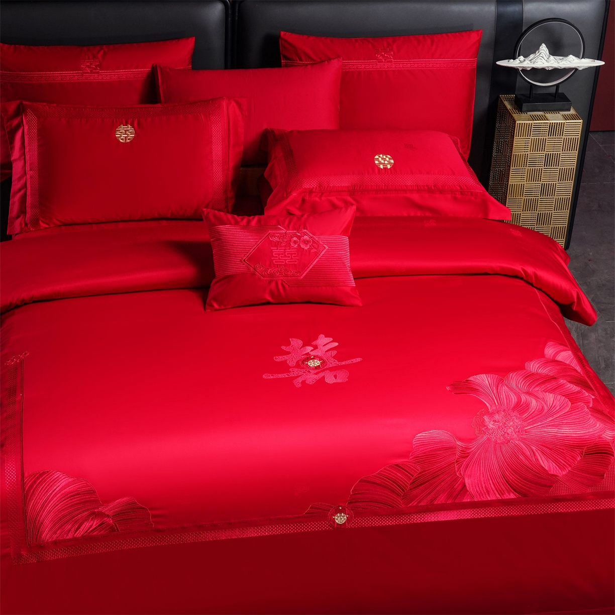 91家纺网 家纺一手货源 找家纺 美娘阁 2025新款长绒棉全棉贡缎提花款新中式古典韵味精美刺绣婚庆四件套-系列一 喜事到家