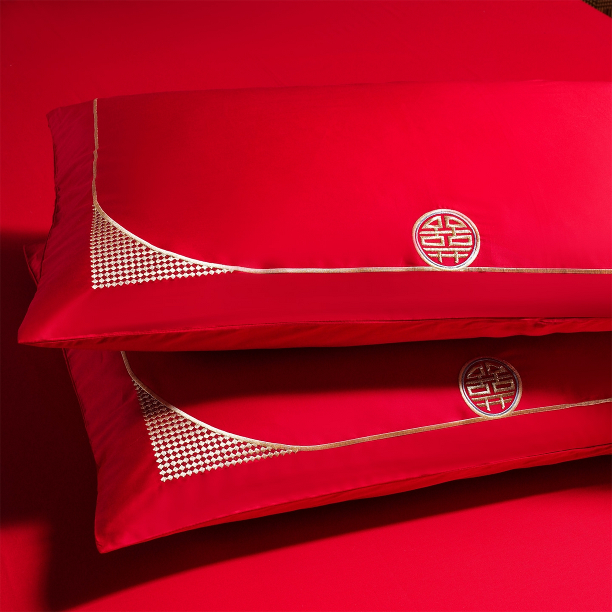 91家纺网 家纺一手货源 找家纺 美娘阁 2025新款长绒棉全棉贡缎提花款新中式古典韵味精美刺绣婚庆四件套-系列一 喜运绵绵-金