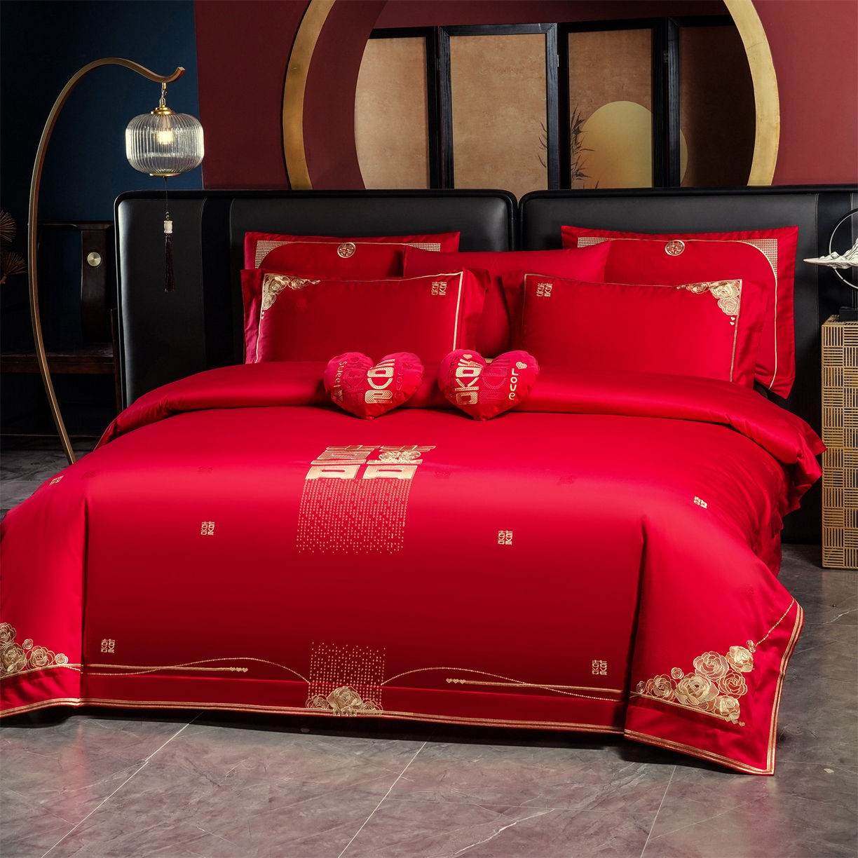 91家纺网 家纺一手货源 找家纺 美娘阁 2025新款长绒棉全棉贡缎提花款新中式古典韵味精美刺绣婚庆四件套-系列一 喜运绵绵-金