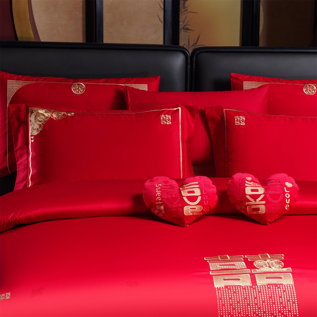 91家纺网 家纺一手货源 找家纺 美娘阁 2025新款长绒棉全棉贡缎提花款新中式古典韵味精美刺绣婚庆四件套-系列一 喜运绵绵-金