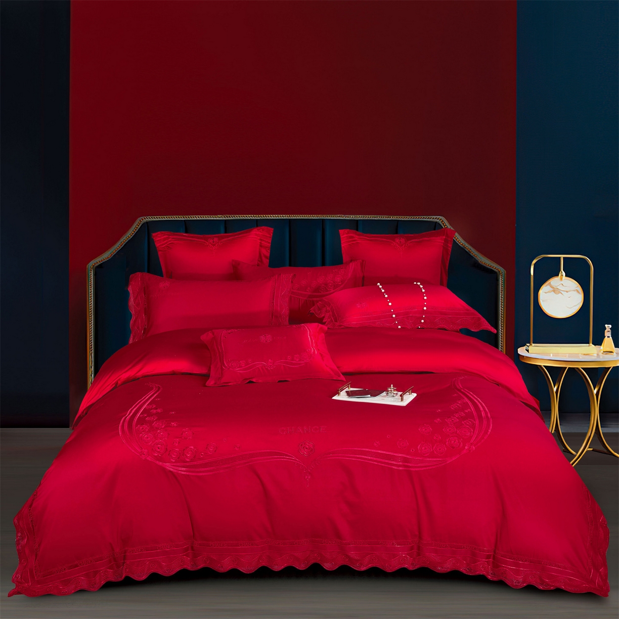 91家纺网 家纺一手货源 找家纺 （总）美娘阁 2025新款长绒棉全棉贡缎提花款新中式古典韵味精美刺绣婚庆四件套-系列三