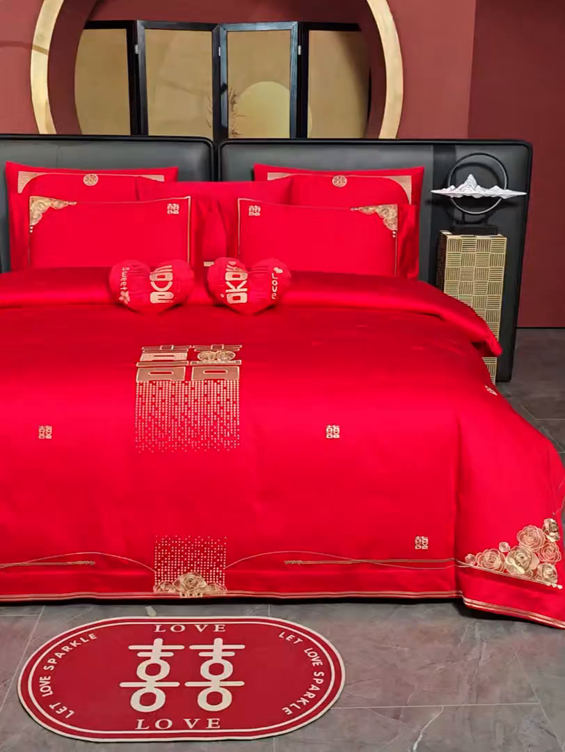 91家纺网 家纺一手货源 找家纺 美娘阁 2025新款长绒棉全棉贡缎提花款新中式古典韵味精美刺绣婚庆四件套-系列一 喜运绵绵-金