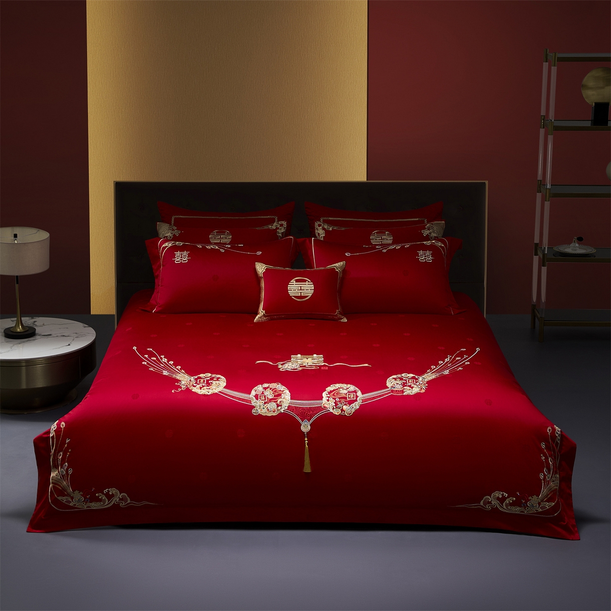 美娘阁 2025新款长绒棉全棉贡缎提花款新中式古典韵味精美刺绣婚庆四件套-系列一 幸福嫁到