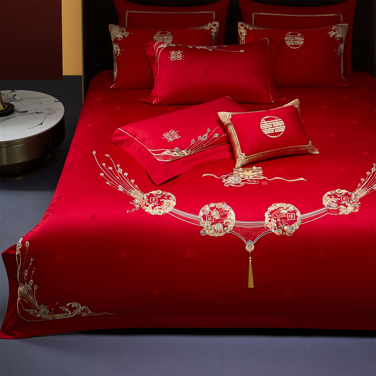 91家纺网 家纺一手货源 找家纺 美娘阁 2025新款长绒棉全棉贡缎提花款新中式古典韵味精美刺绣婚庆四件套-系列一 幸福嫁到