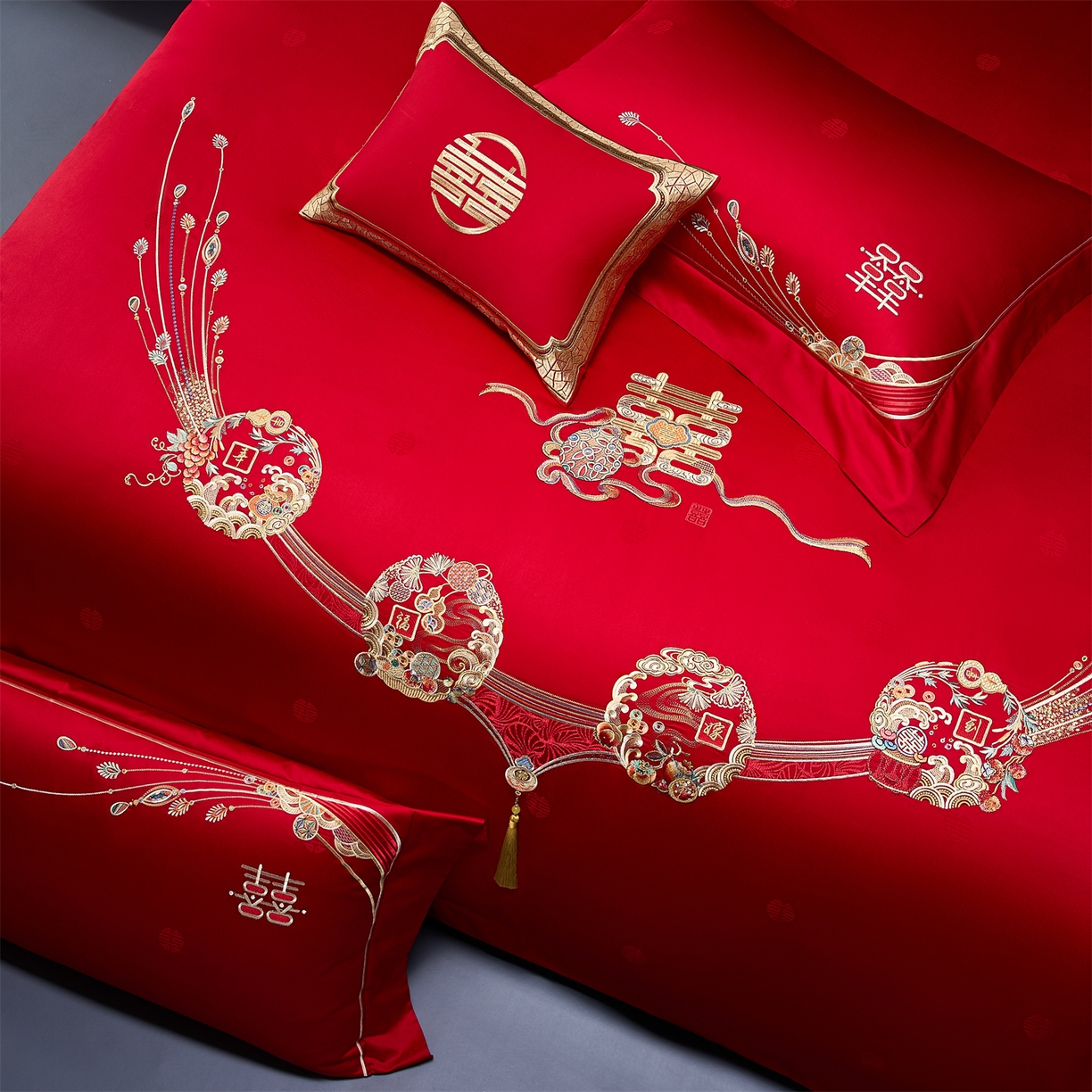 91家纺网 家纺一手货源 找家纺 美娘阁 2025新款长绒棉全棉贡缎提花款新中式古典韵味精美刺绣婚庆四件套-系列一 幸福嫁到