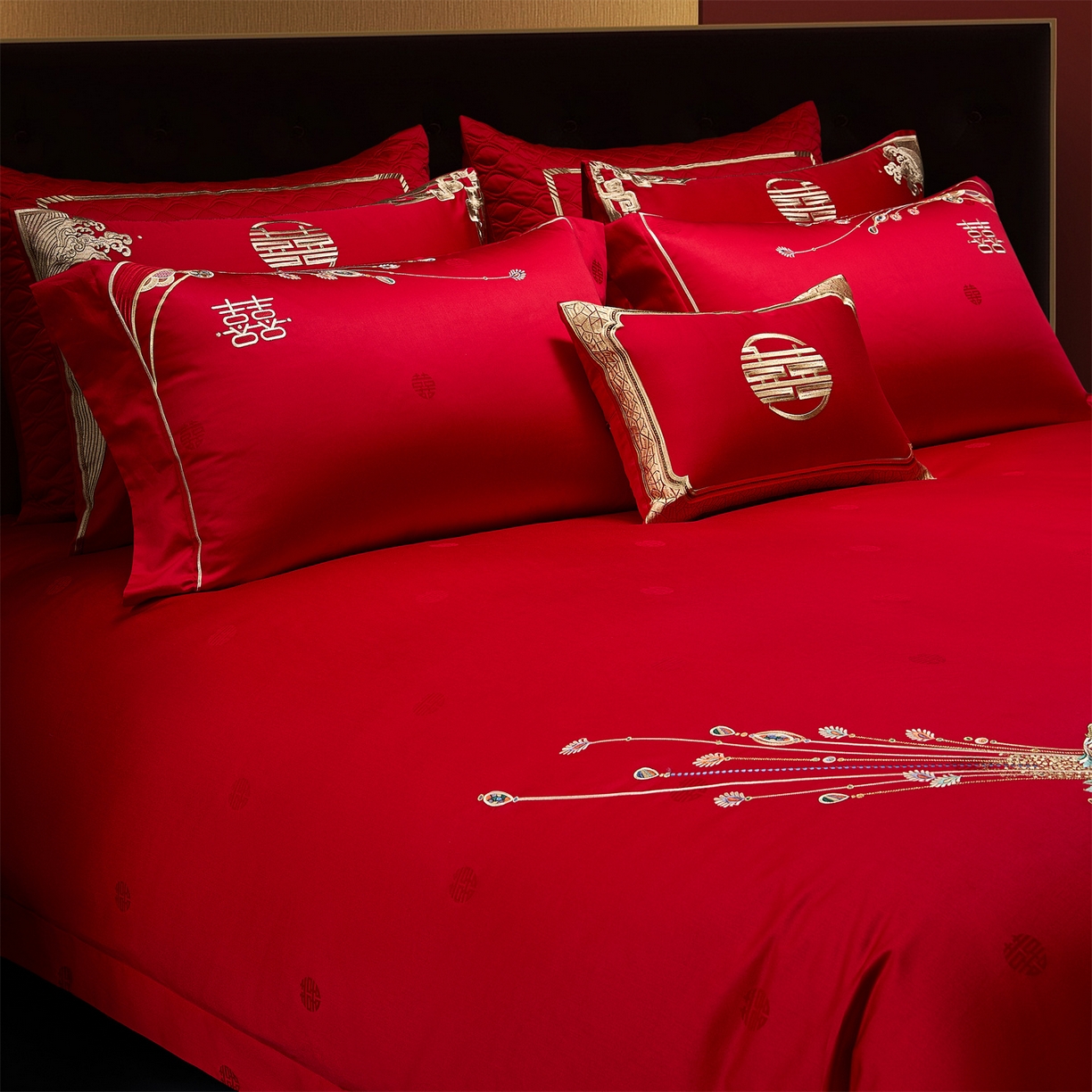 91家纺网 家纺一手货源 找家纺 美娘阁 2025新款长绒棉全棉贡缎提花款新中式古典韵味精美刺绣婚庆四件套-系列一 幸福嫁到