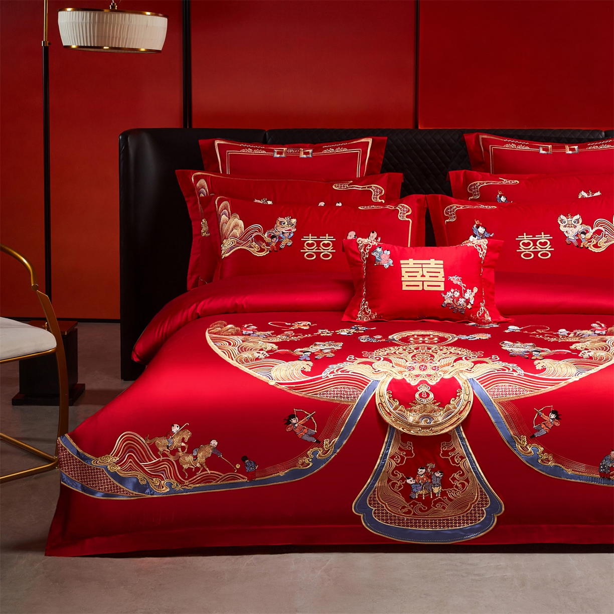 91家纺网 家纺一手货源 找家纺 美娘阁 2025新款长绒棉全棉贡缎提花款新中式古典韵味精美刺绣婚庆四件套-系列三 百子款-百子迎春