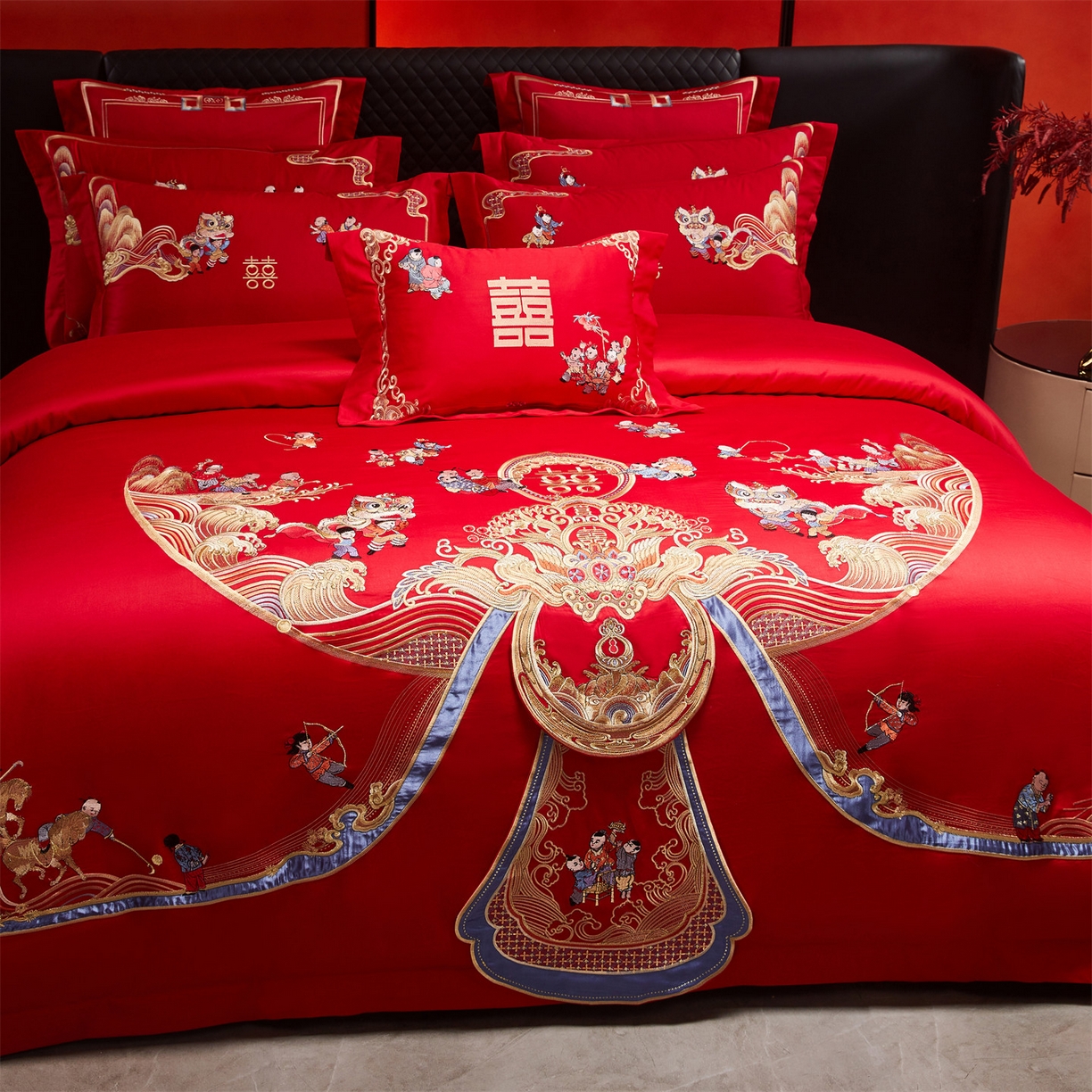 91家纺网 家纺一手货源 找家纺 美娘阁 2025新款长绒棉全棉贡缎提花款新中式古典韵味精美刺绣婚庆四件套-系列三 百子款-百子迎春