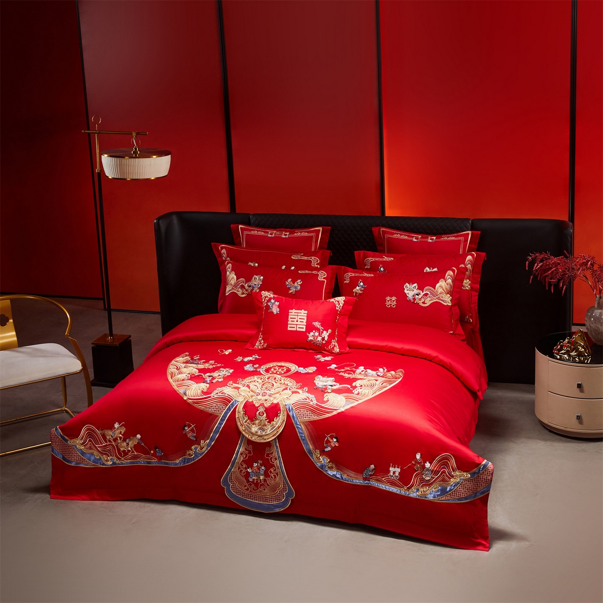 91家纺网 家纺一手货源 找家纺 美娘阁 2025新款长绒棉全棉贡缎提花款新中式古典韵味精美刺绣婚庆四件套-系列三 百子款-百子迎春