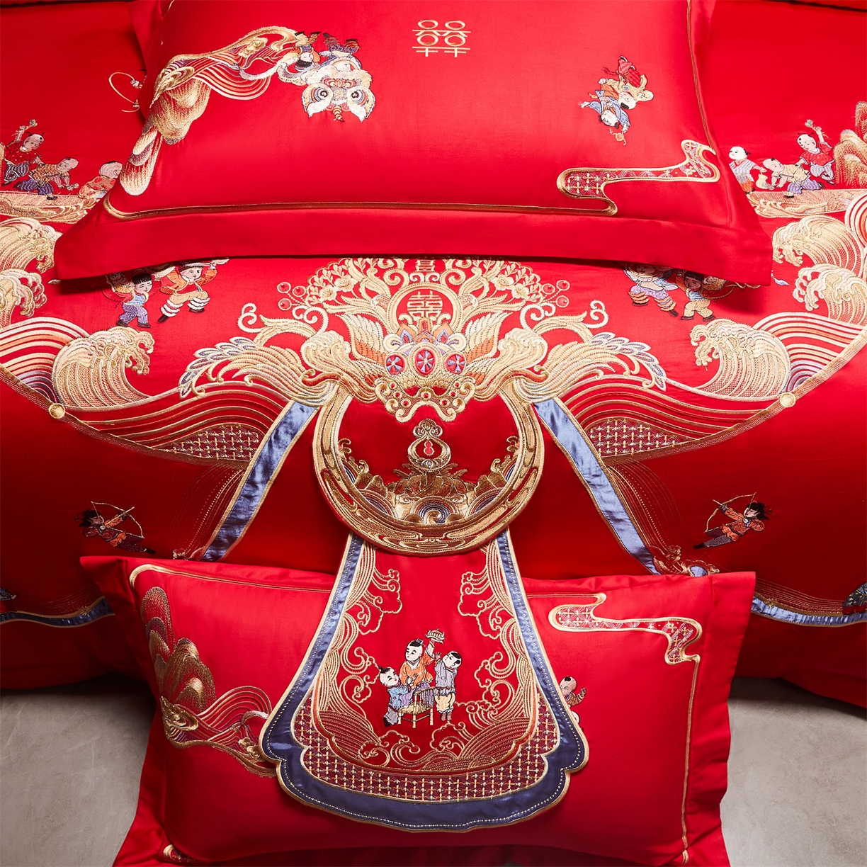 91家纺网 家纺一手货源 找家纺 美娘阁 2025新款长绒棉全棉贡缎提花款新中式古典韵味精美刺绣婚庆四件套-系列三 百子款-百子迎春