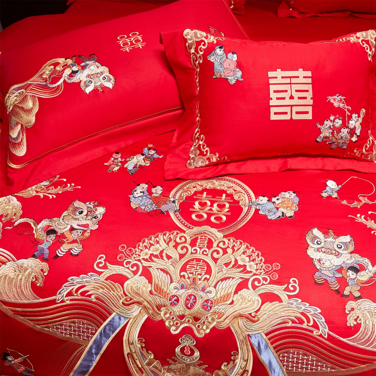 91家纺网 家纺一手货源 找家纺 美娘阁 2025新款长绒棉全棉贡缎提花款新中式古典韵味精美刺绣婚庆四件套-系列三 百子款-百子迎春