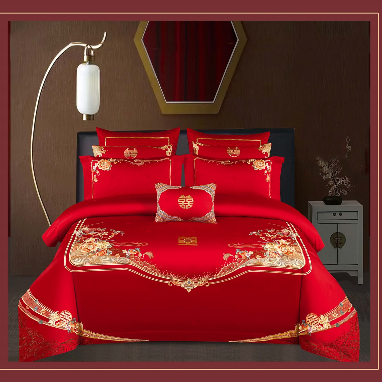 美娘阁 2025新款长绒棉全棉贡缎提花款新中式古典韵味精美刺绣婚庆四件套-系列三 花卉款-锦绣江山