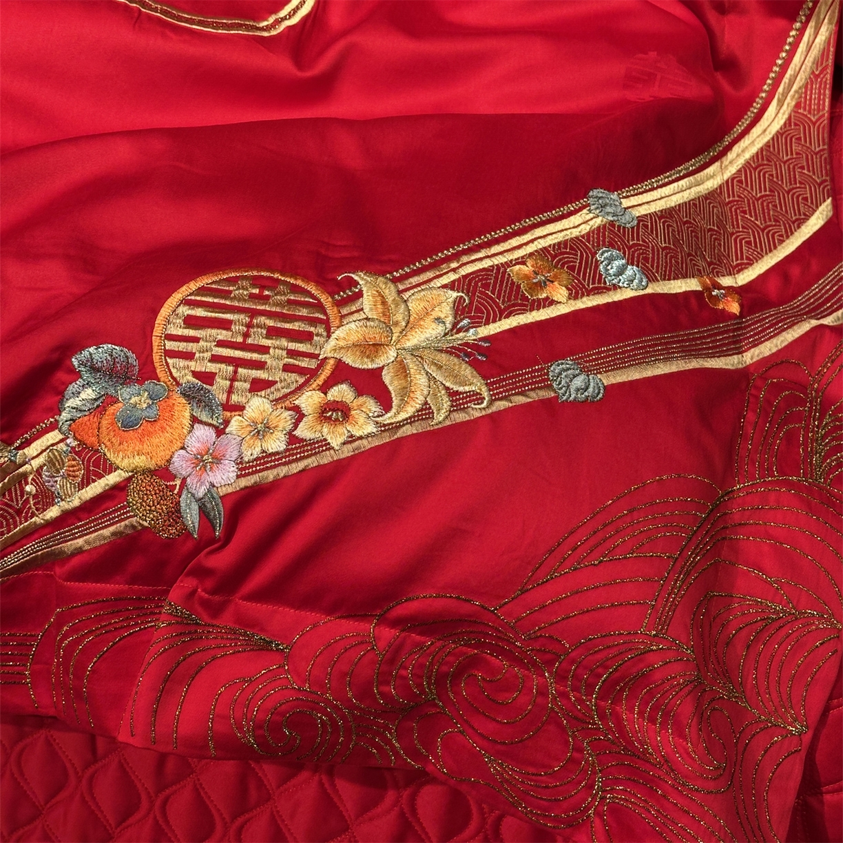 91家纺网 家纺一手货源 找家纺 美娘阁 2025新款长绒棉全棉贡缎提花款新中式古典韵味精美刺绣婚庆四件套-系列三 花卉款-锦绣江山