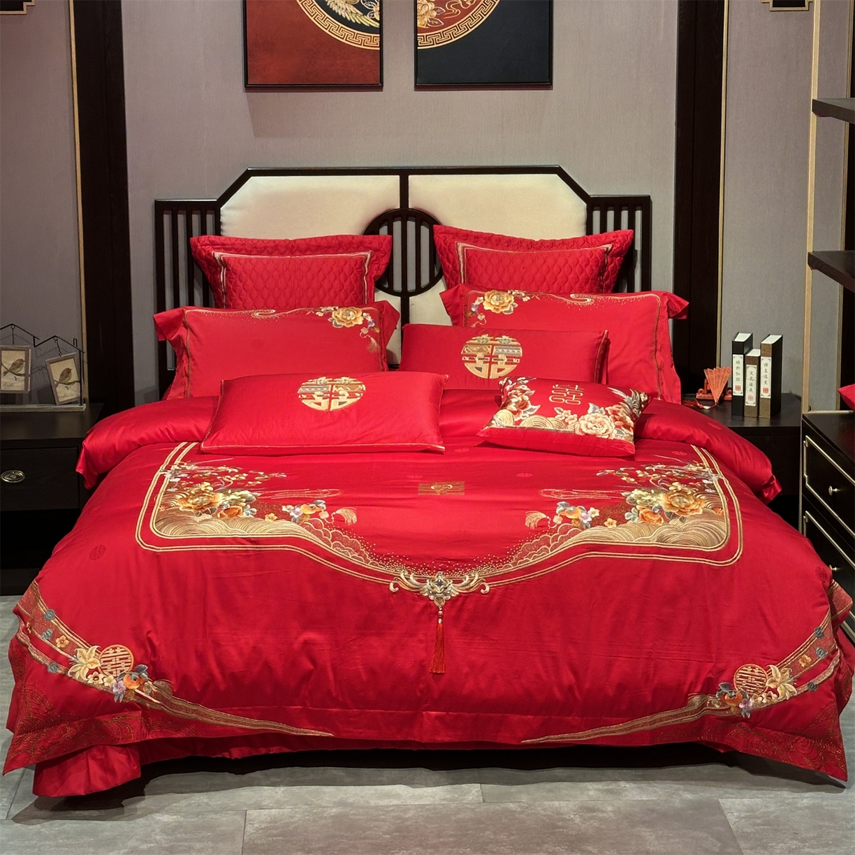 91家纺网 家纺一手货源 找家纺 美娘阁 2025新款长绒棉全棉贡缎提花款新中式古典韵味精美刺绣婚庆四件套-系列三 花卉款-锦绣江山