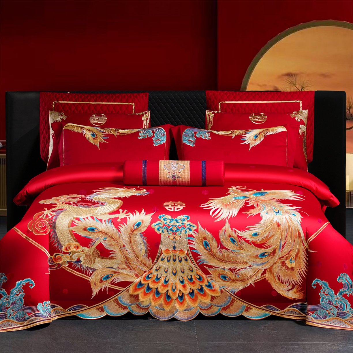 91家纺网 家纺一手货源 找家纺 美娘阁 2025新款长绒棉全棉贡缎提花款新中式古典韵味精美刺绣婚庆四件套-系列三 龙凤款-龙凤贺彩