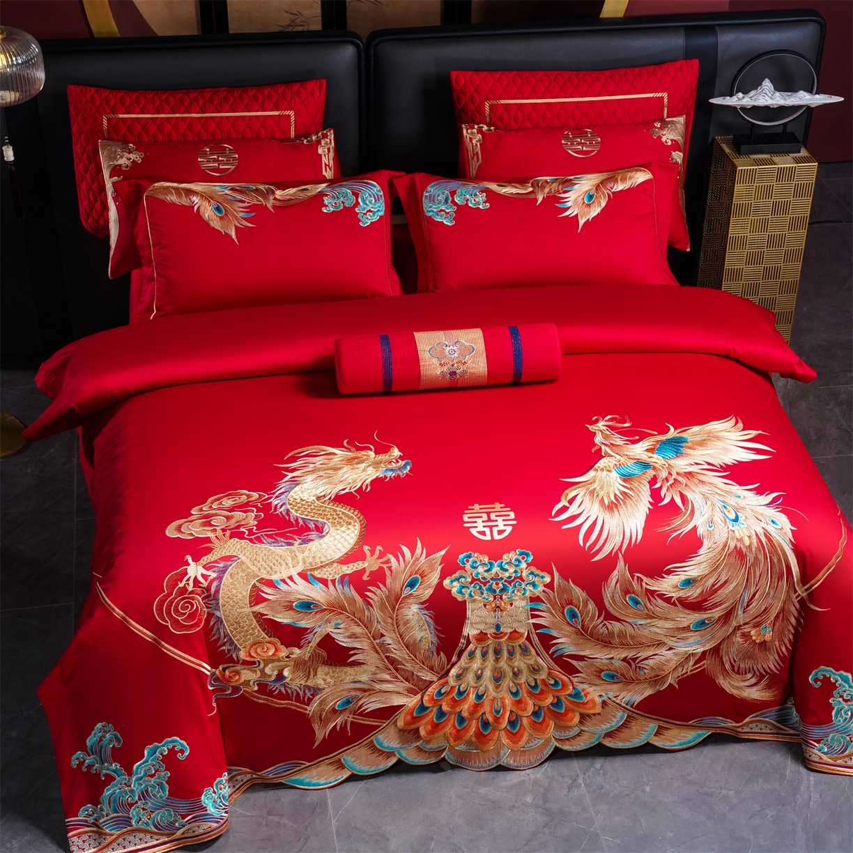 91家纺网 家纺一手货源 找家纺 美娘阁 2025新款长绒棉全棉贡缎提花款新中式古典韵味精美刺绣婚庆四件套-系列三 龙凤款-龙凤贺彩