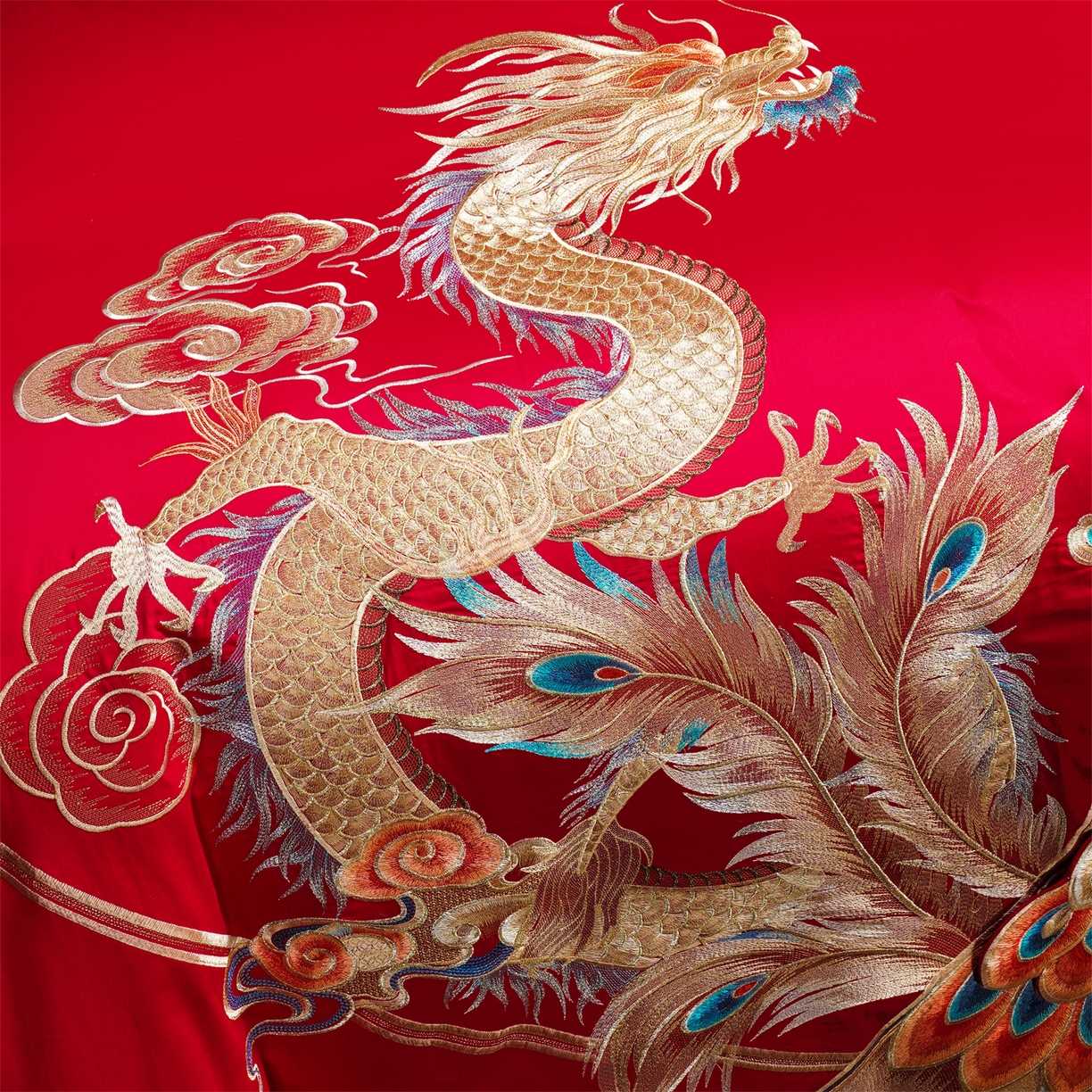 91家纺网 家纺一手货源 找家纺 美娘阁 2025新款长绒棉全棉贡缎提花款新中式古典韵味精美刺绣婚庆四件套-系列三 龙凤款-龙凤贺彩