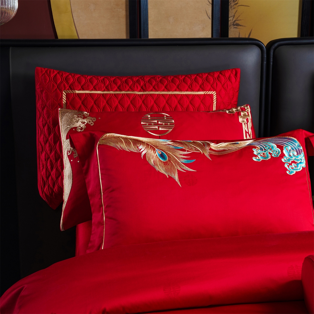 91家纺网 家纺一手货源 找家纺 美娘阁 2025新款长绒棉全棉贡缎提花款新中式古典韵味精美刺绣婚庆四件套-系列三 龙凤款-龙凤贺彩