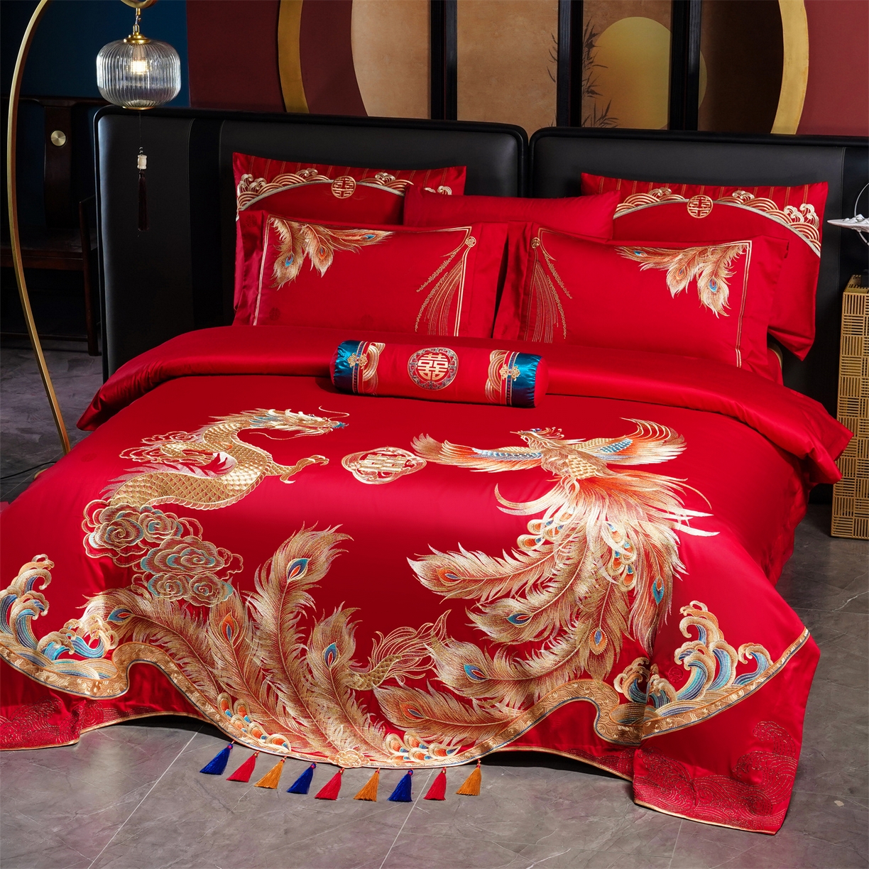 91家纺网 家纺一手货源 找家纺 美娘阁 2025新款长绒棉全棉贡缎提花款新中式古典韵味精美刺绣婚庆四件套-系列三 龙凤款-龙威凤彩