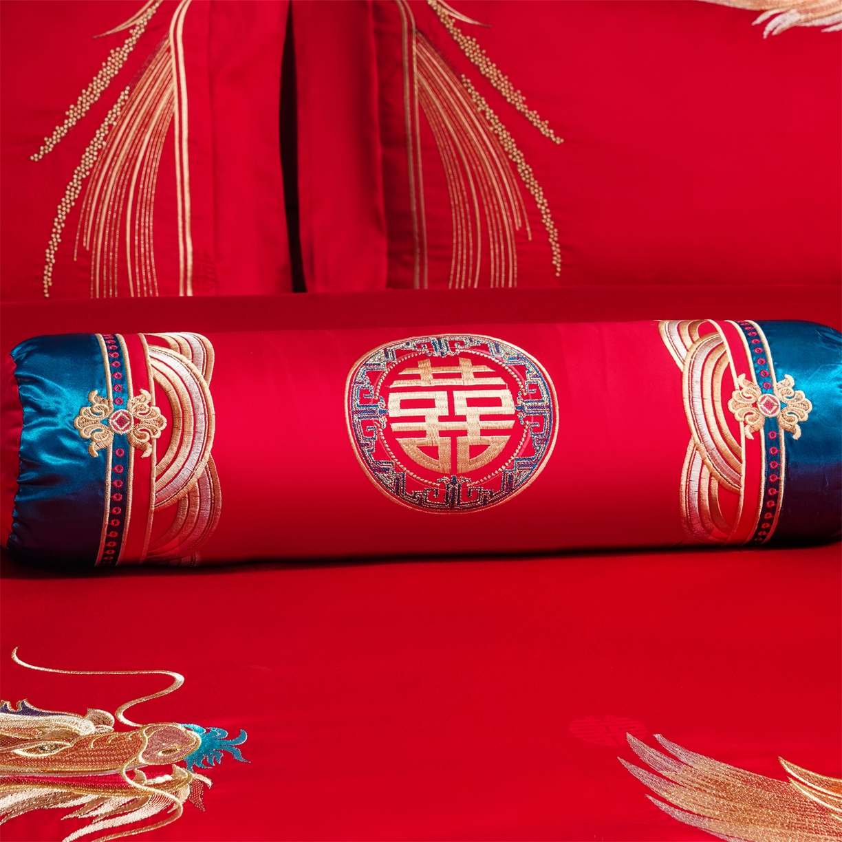 91家纺网 家纺一手货源 找家纺 美娘阁 2025新款长绒棉全棉贡缎提花款新中式古典韵味精美刺绣婚庆四件套-系列三 龙凤款-龙威凤彩