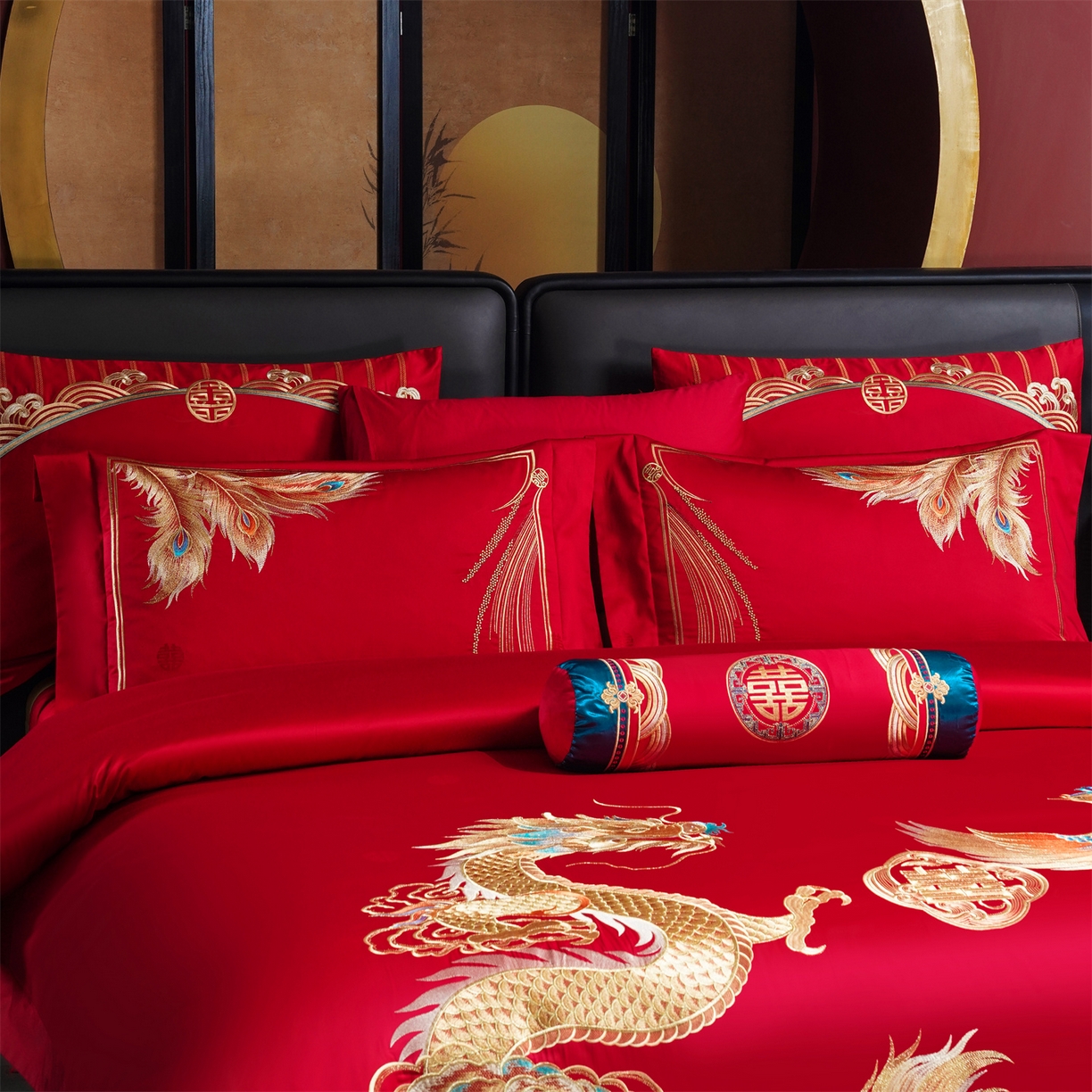 91家纺网 家纺一手货源 找家纺 美娘阁 2025新款长绒棉全棉贡缎提花款新中式古典韵味精美刺绣婚庆四件套-系列三 龙凤款-龙威凤彩