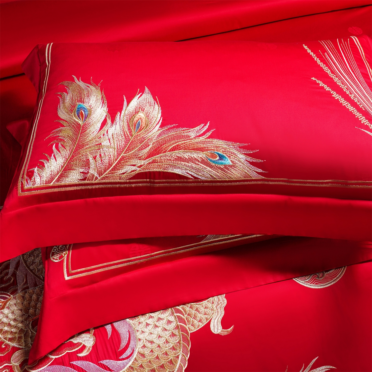 91家纺网 家纺一手货源 找家纺 美娘阁 2025新款长绒棉全棉贡缎提花款新中式古典韵味精美刺绣婚庆四件套-系列三 龙凤款-龙威凤彩