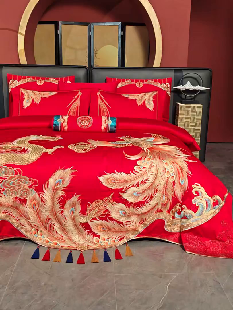 91家纺网 家纺一手货源 找家纺 美娘阁 2025新款长绒棉全棉贡缎提花款新中式古典韵味精美刺绣婚庆四件套-系列三 龙凤款-龙威凤彩