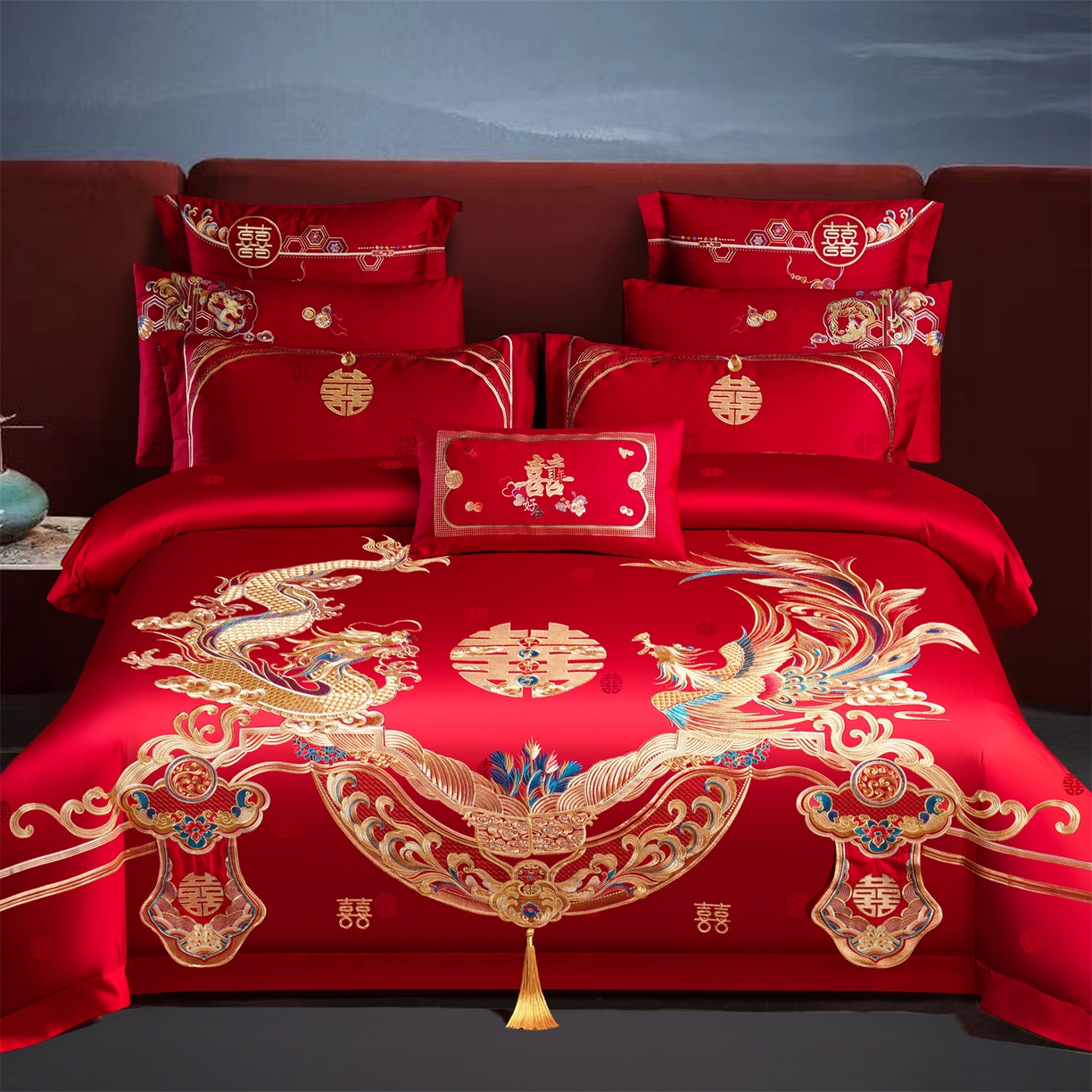 美娘阁 2025新款长绒棉全棉贡缎提花款新中式古典韵味精美刺绣婚庆四件套-系列三 龙凤款-龙姿凤彩
