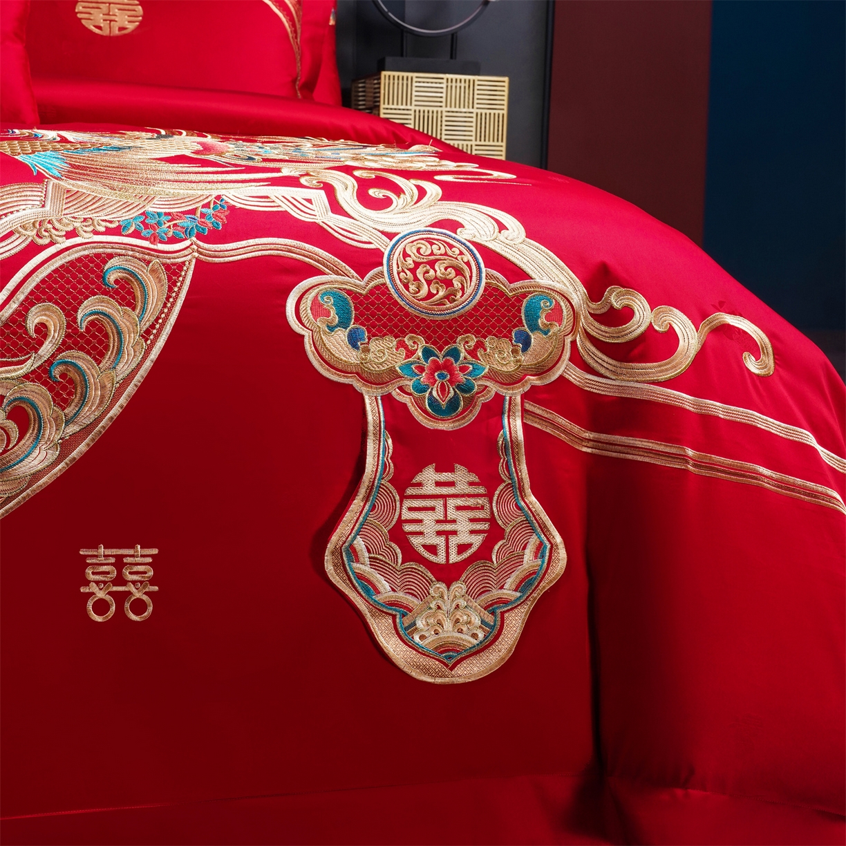 91家纺网 家纺一手货源 找家纺 美娘阁 2025新款长绒棉全棉贡缎提花款新中式古典韵味精美刺绣婚庆四件套-系列三 龙凤款-龙姿凤彩