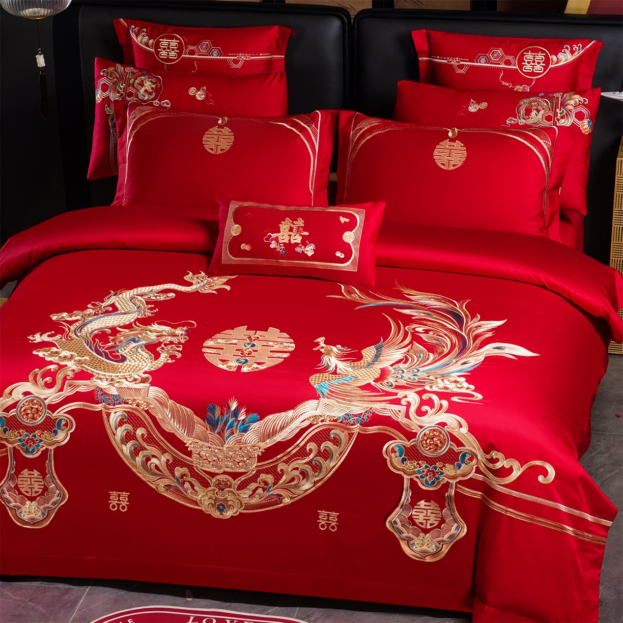 91家纺网 家纺一手货源 找家纺 美娘阁 2025新款长绒棉全棉贡缎提花款新中式古典韵味精美刺绣婚庆四件套-系列三 龙凤款-龙姿凤彩