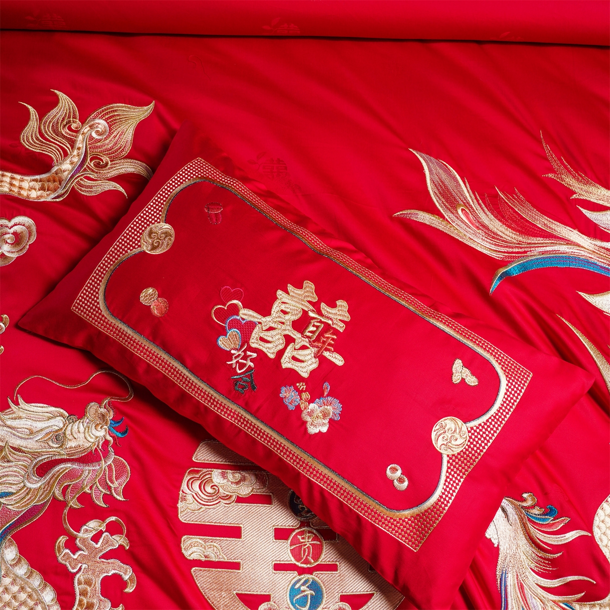 91家纺网 家纺一手货源 找家纺 美娘阁 2025新款长绒棉全棉贡缎提花款新中式古典韵味精美刺绣婚庆四件套-系列三 龙凤款-龙姿凤彩