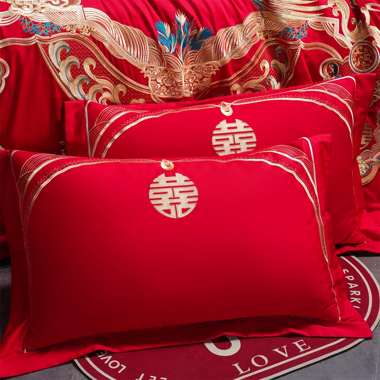 91家纺网 家纺一手货源 找家纺 美娘阁 2025新款长绒棉全棉贡缎提花款新中式古典韵味精美刺绣婚庆四件套-系列三 龙凤款-龙姿凤彩