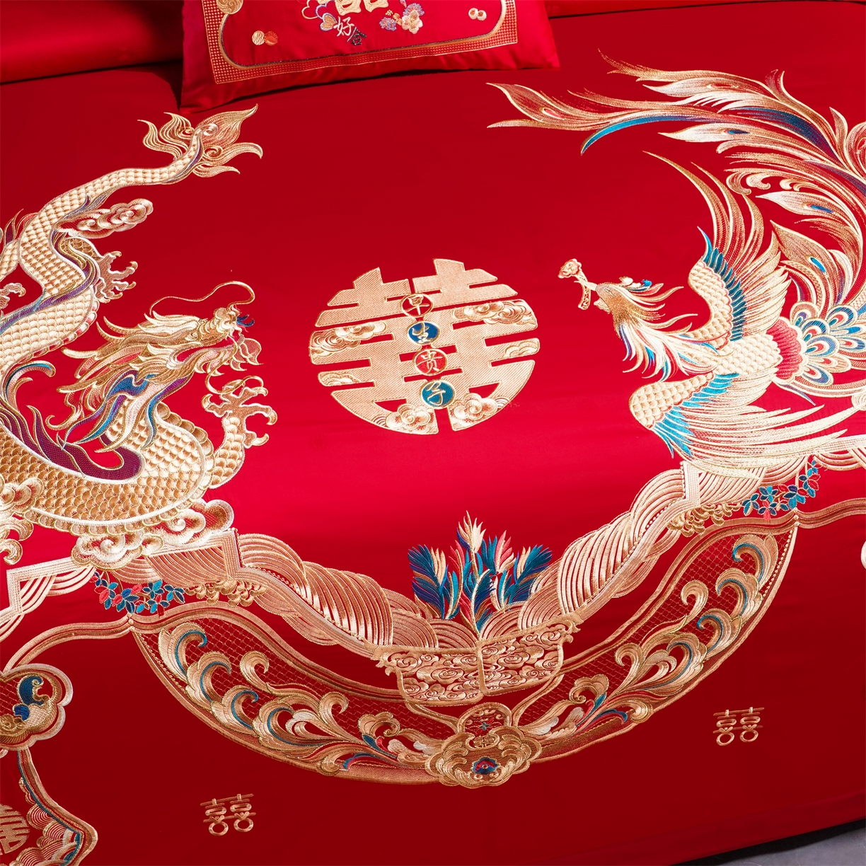 91家纺网 家纺一手货源 找家纺 美娘阁 2025新款长绒棉全棉贡缎提花款新中式古典韵味精美刺绣婚庆四件套-系列三 龙凤款-龙姿凤彩