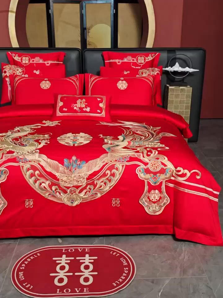 91家纺网 家纺一手货源 找家纺 美娘阁 2025新款长绒棉全棉贡缎提花款新中式古典韵味精美刺绣婚庆四件套-系列三 龙凤款-龙姿凤彩