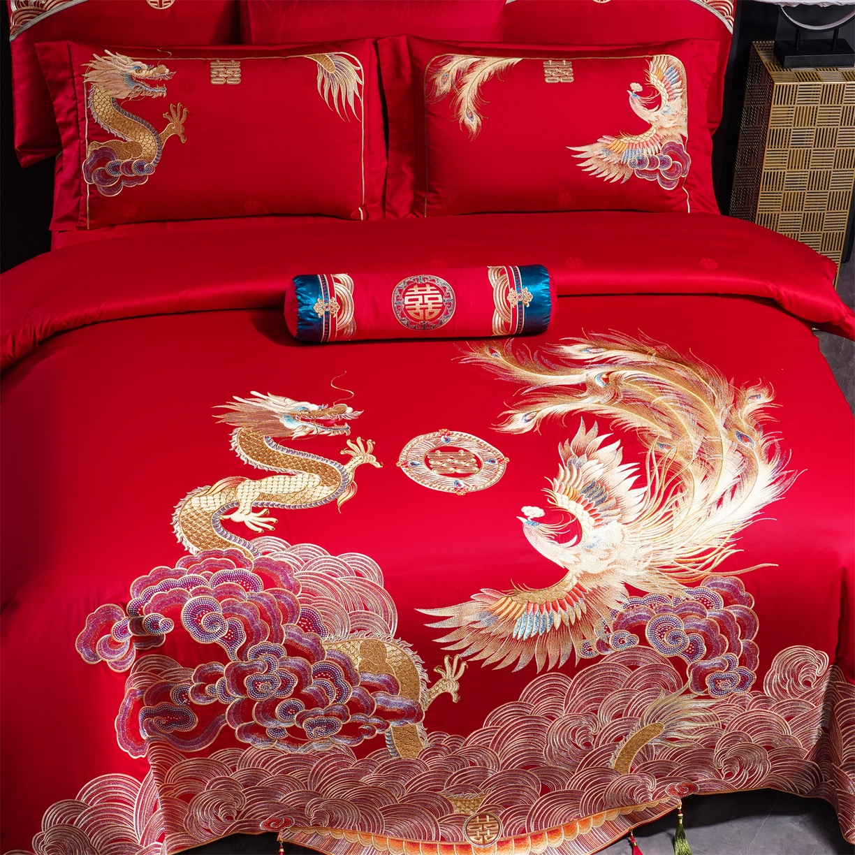 91家纺网 家纺一手货源 找家纺 美娘阁 2025新款长绒棉全棉贡缎提花款新中式古典韵味精美刺绣婚庆四件套-系列三 龙凤款-盛世皇朝