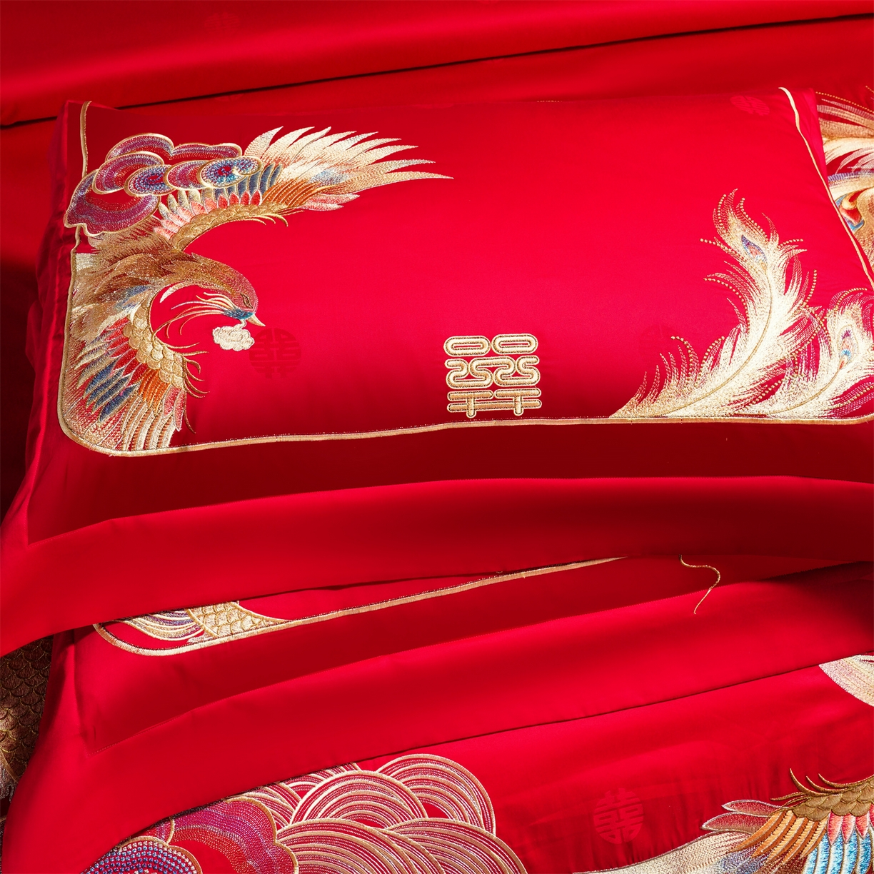 91家纺网 家纺一手货源 找家纺 美娘阁 2025新款长绒棉全棉贡缎提花款新中式古典韵味精美刺绣婚庆四件套-系列三 龙凤款-盛世皇朝