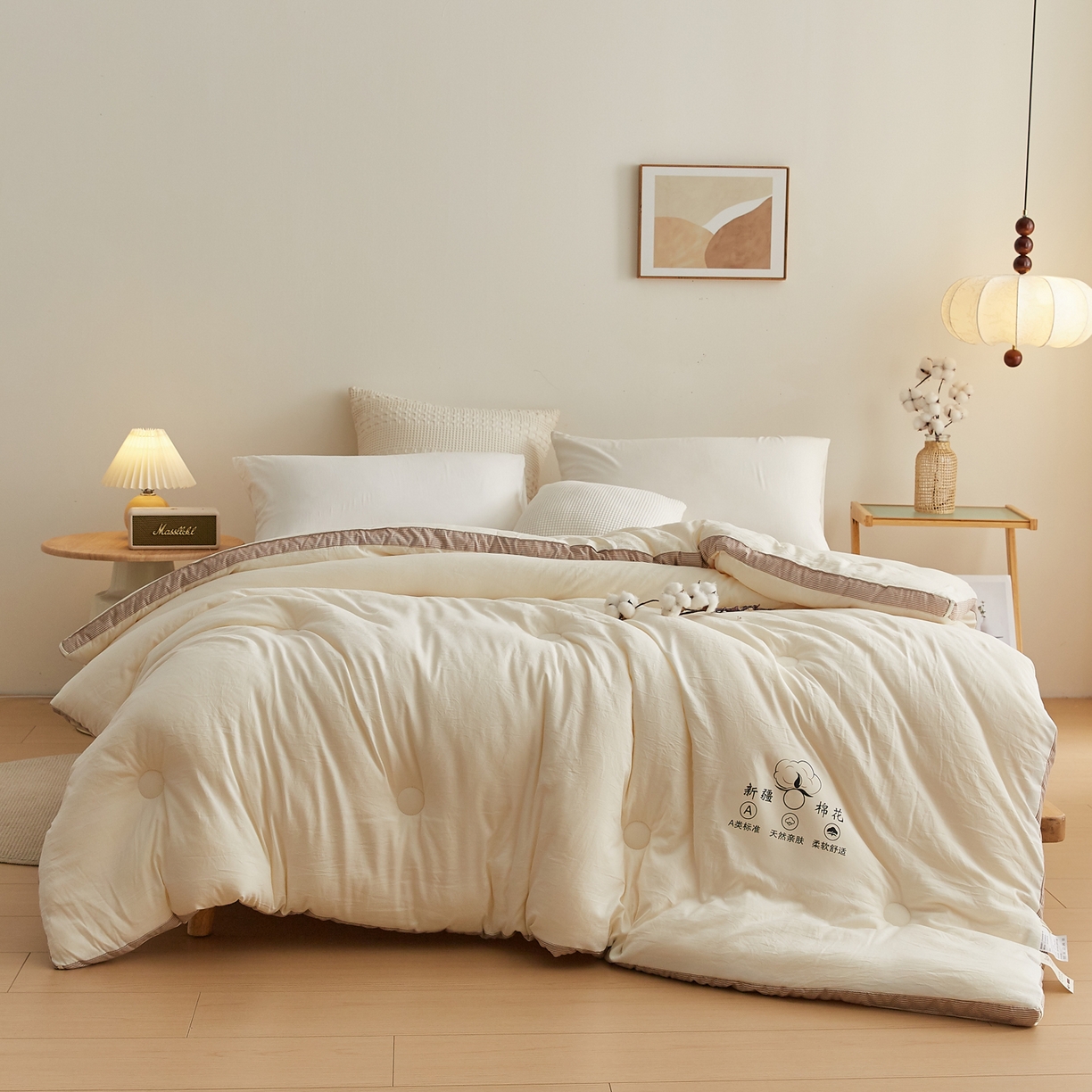 91家纺网 家纺一手货源 找家纺 帕芬鸟家纺 2025新款51%立体款棉花被 被子被芯 白咖条
