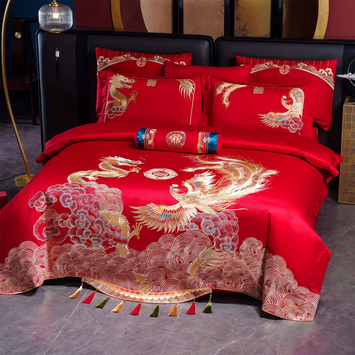 91家纺网 家纺一手货源 找家纺 美娘阁 2025新款长绒棉全棉贡缎提花款新中式古典韵味精美刺绣婚庆四件套-系列三 龙凤款-盛世皇朝