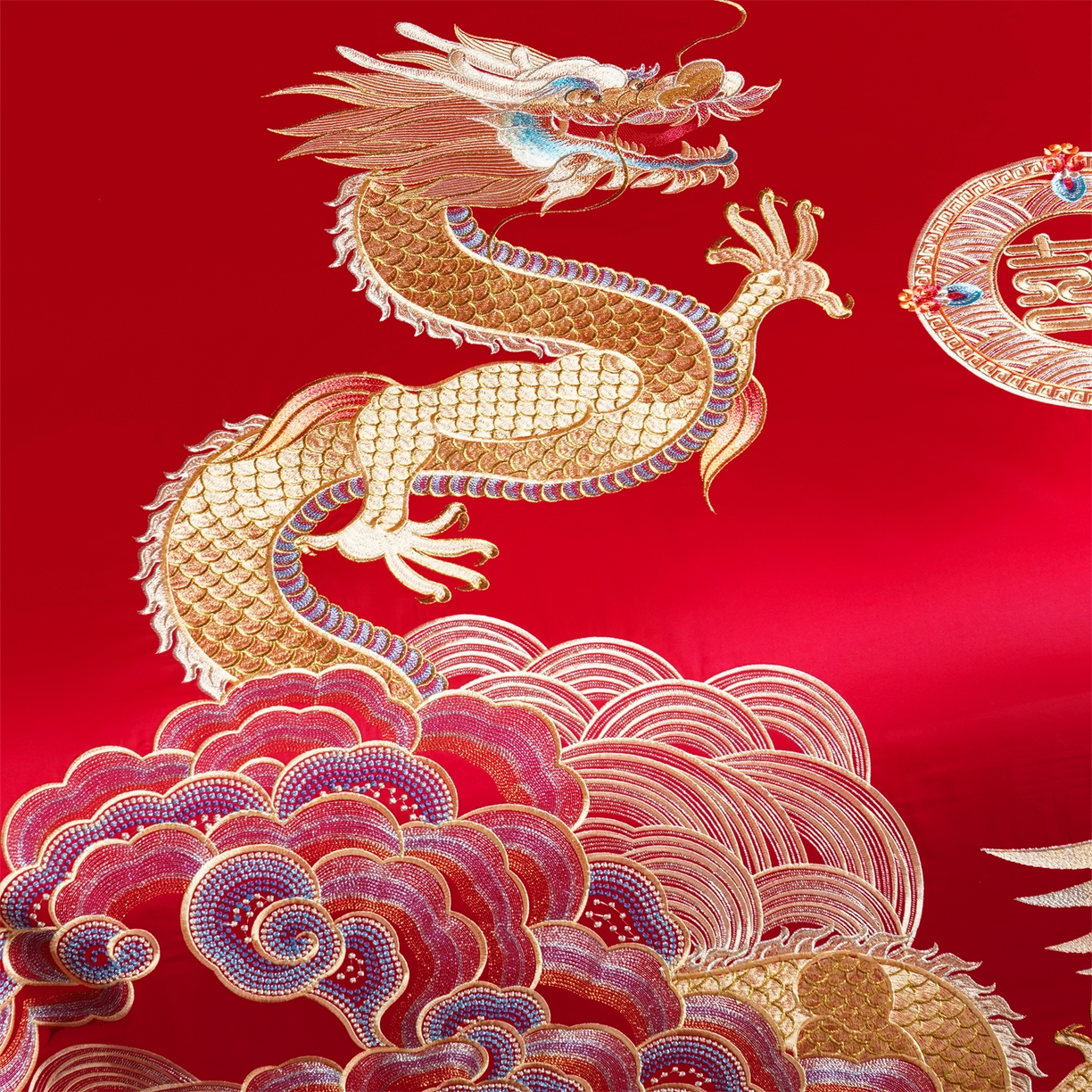 91家纺网 家纺一手货源 找家纺 美娘阁 2025新款长绒棉全棉贡缎提花款新中式古典韵味精美刺绣婚庆四件套-系列三 龙凤款-盛世皇朝