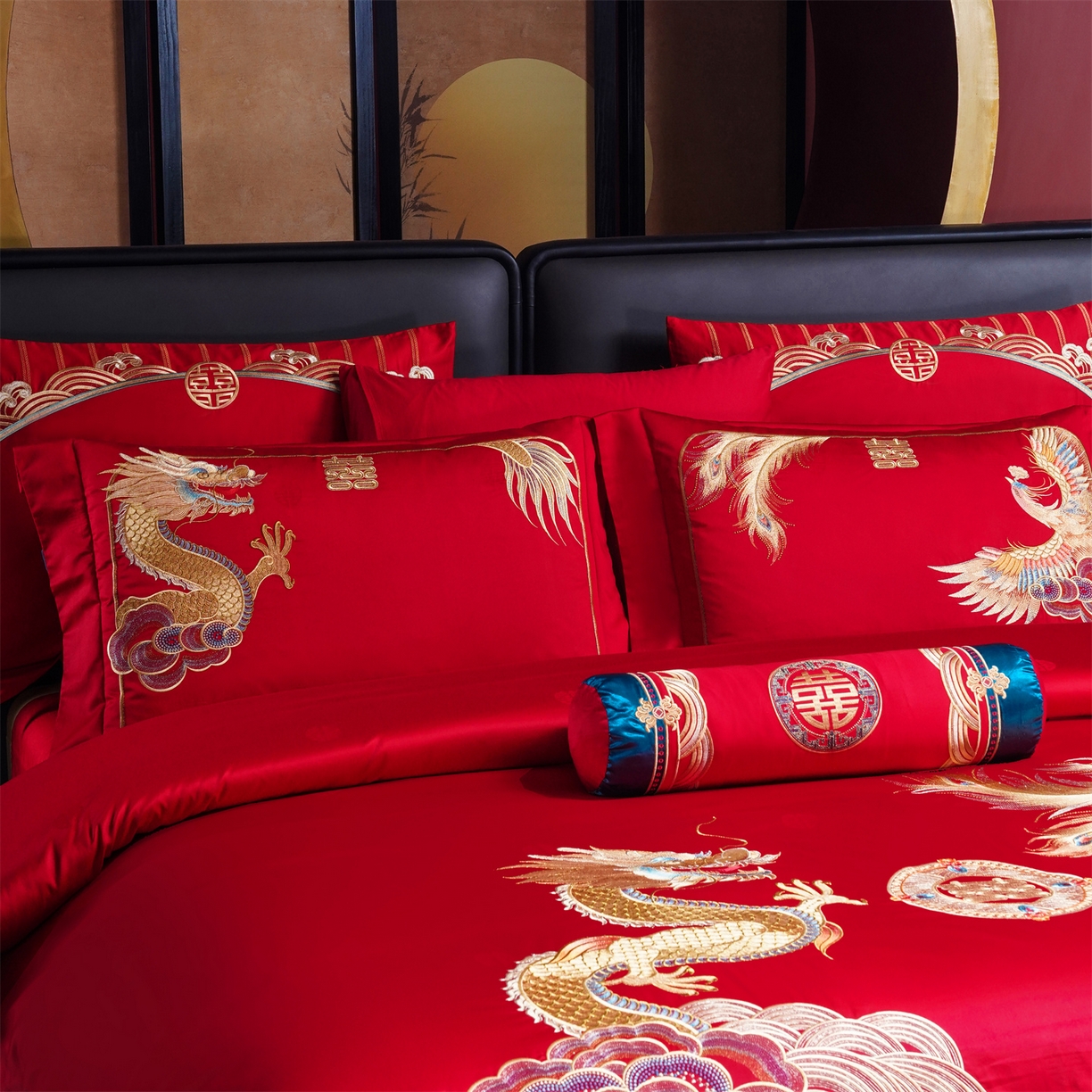 91家纺网 家纺一手货源 找家纺 美娘阁 2025新款长绒棉全棉贡缎提花款新中式古典韵味精美刺绣婚庆四件套-系列三 龙凤款-盛世皇朝