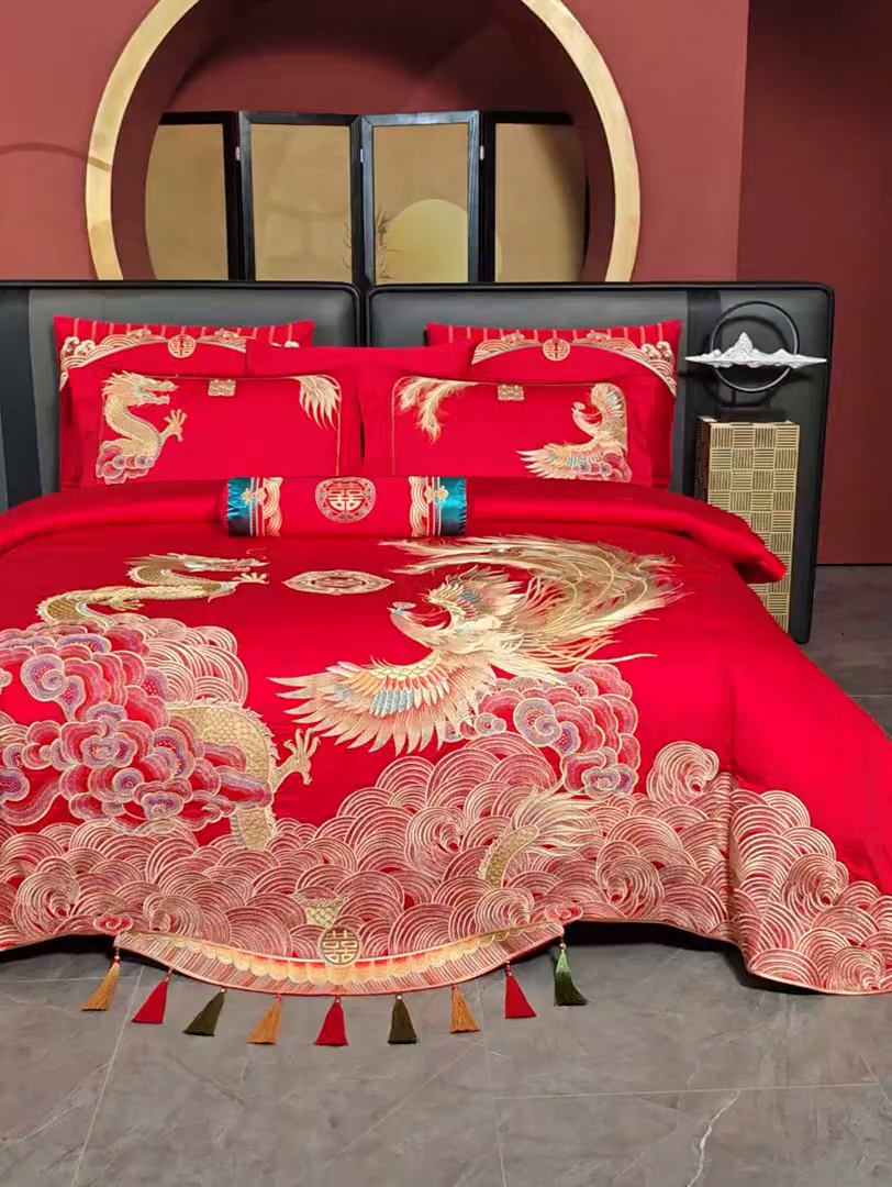 91家纺网 家纺一手货源 找家纺 美娘阁 2025新款长绒棉全棉贡缎提花款新中式古典韵味精美刺绣婚庆四件套-系列三 龙凤款-盛世皇朝