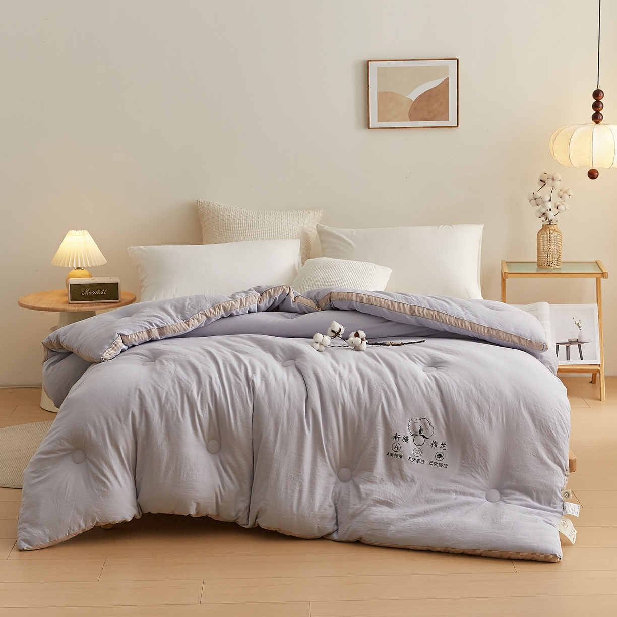91家纺网 家纺一手货源 找家纺 帕芬鸟家纺 2025新款51%立体款棉花被 被子被芯 灰卡条