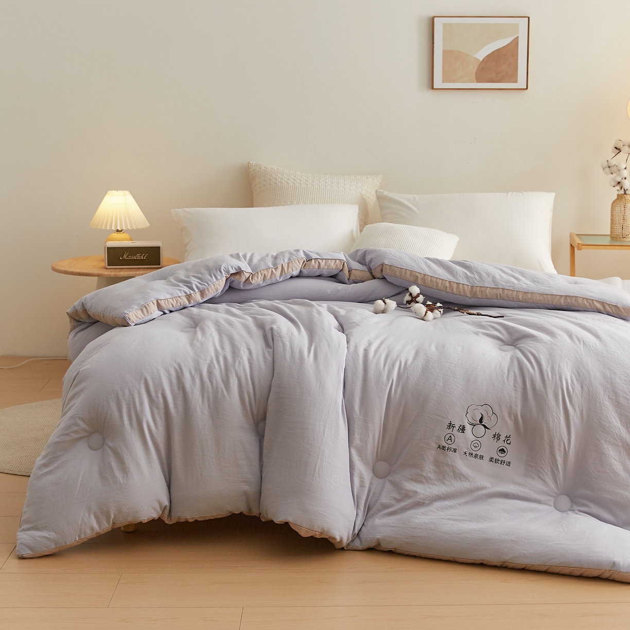 91家纺网 家纺一手货源 找家纺 帕芬鸟家纺 2025新款51%立体款棉花被 被子被芯 灰卡条