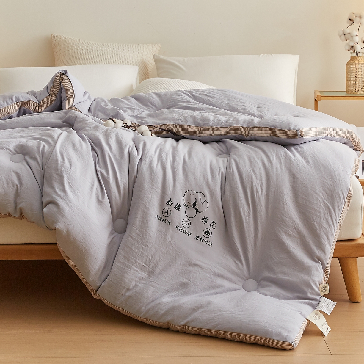 91家纺网 家纺一手货源 找家纺 帕芬鸟家纺 2025新款51%立体款棉花被 被子被芯 灰卡条