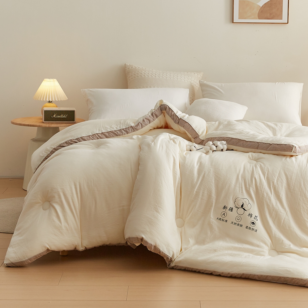 91家纺网 家纺一手货源 找家纺 帕芬鸟家纺 2025新款51%立体款棉花被 被子被芯 白咖条