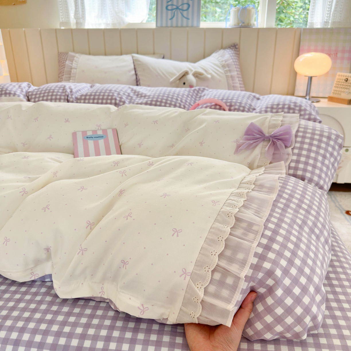 91家纺网 家纺一手货源 找家纺 一霖家纺 2025新款高克重云朵棉韩系小清新蝴蝶结四件套 波点蝴蝶结紫