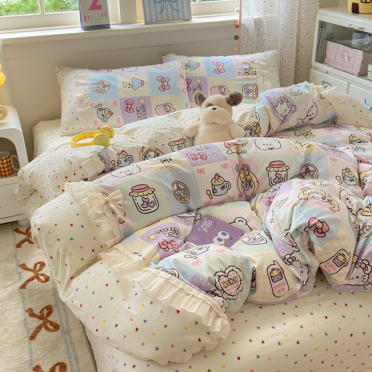 91家纺网 家纺一手货源 找家纺 一霖家纺 2025新款高克重云朵棉韩系小清新蝴蝶结四件套 炫彩美少女