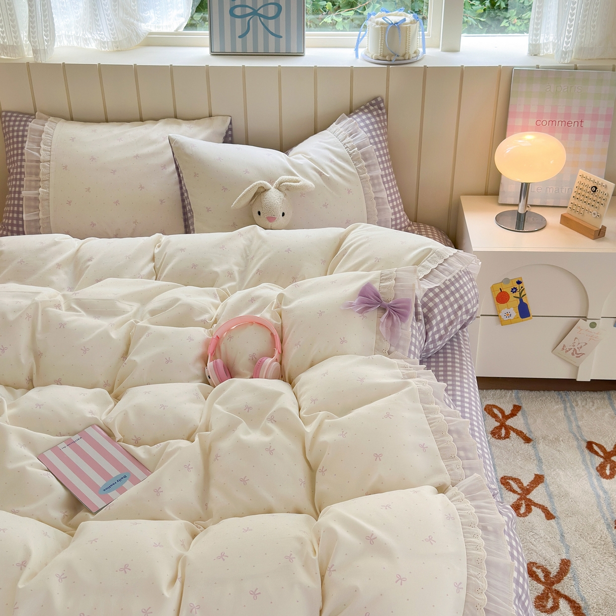 91家纺网 家纺一手货源 找家纺 一霖家纺 2025新款高克重云朵棉韩系小清新蝴蝶结四件套 波点蝴蝶结紫